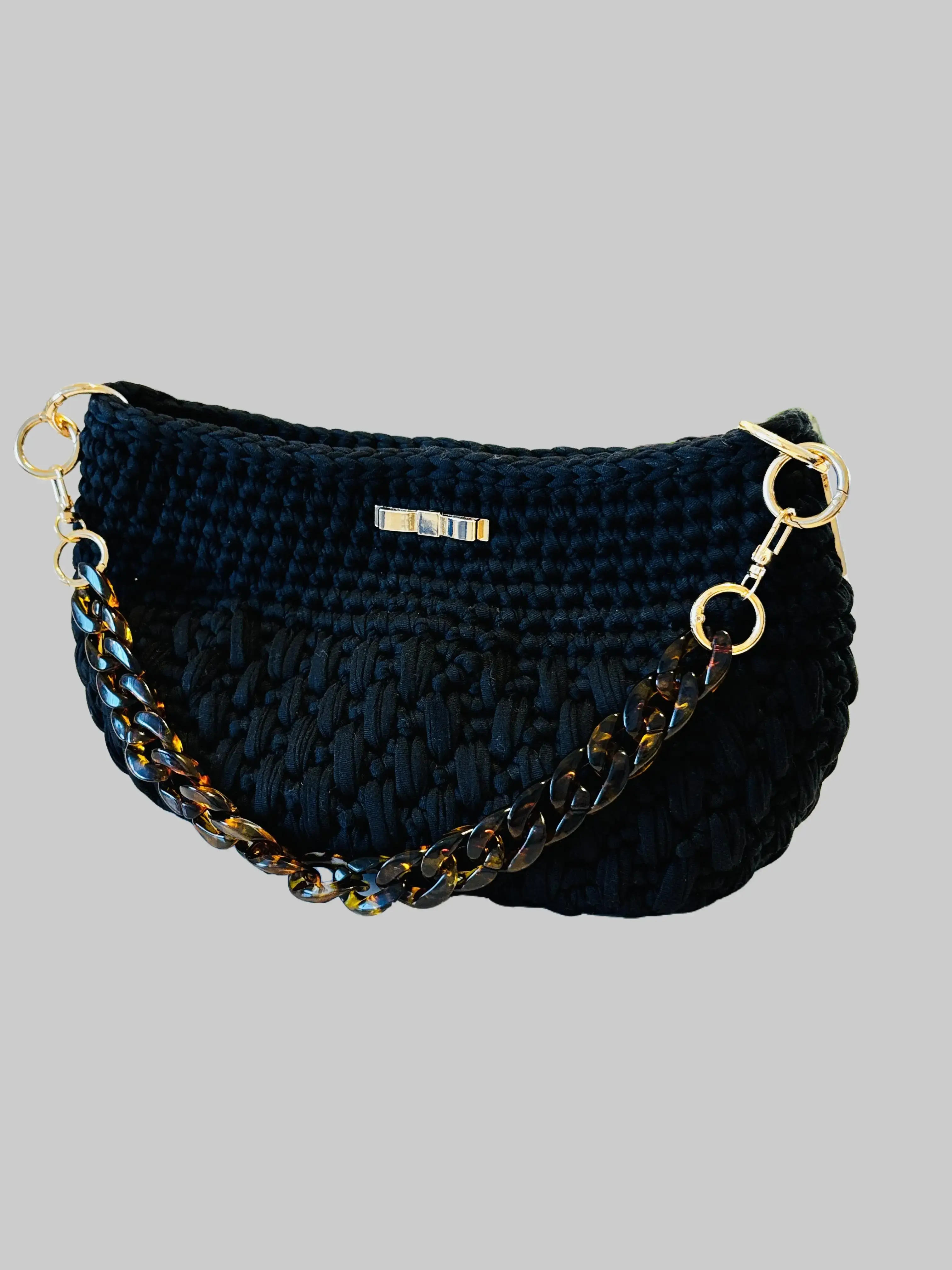 Women's Black Crochet Shoulder Bag - The Noir Collection, Chic, Elegant, Casual, Lightweight Plain Design, Handmade, Tortoiseshell Chain, Clasp Closure, Multi-Way, Hand Wash Only