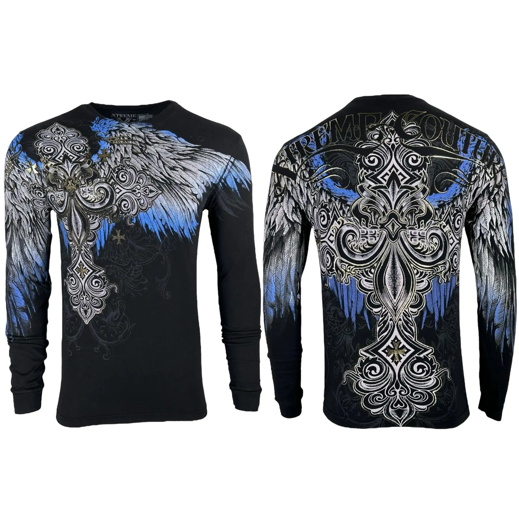 Xtreme Couture Men's Ensign Gothic Graphic Long Sleeve T-Shirt, USA Designed 100% Cotton Crew Neck with Front and Back Art, Tshirt, Front Back Art