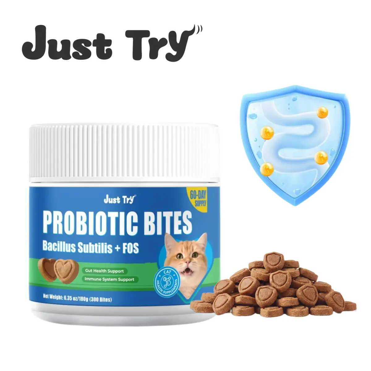 Just Try 300 Bites Probiotic Bites For Cats - With Bacillus Subtilis & FOS, Probiotic Supplement for Gut Health - Chicken Flavor - Cat Supplements 6.35 oz