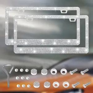 Rhinestone Car License Plate Frame Kit, Stainless Steel License Plate Cover, Car Exterior Decoration Accessories