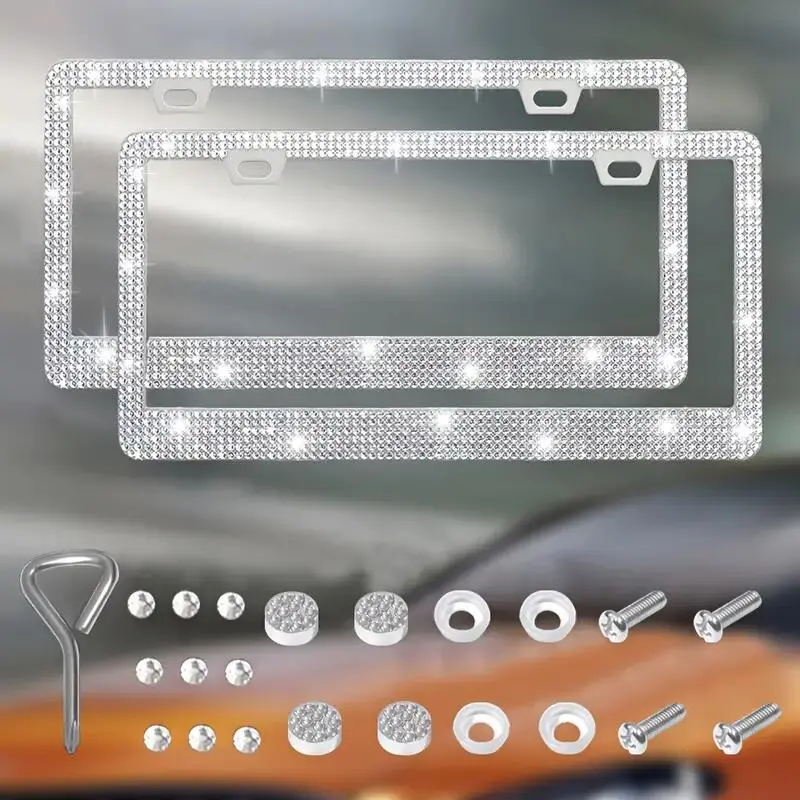 Rhinestone Stainless Steel Car License Plate Frame Kit - Automotive Car Exterior Decoration Accessories, Car Accessories