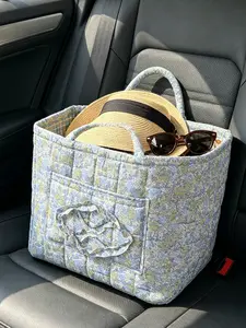 Blue Floral Quilted Large Capacity Tote Bag, Ruffle Car Storage Basket, Multi-Function Handbag for Travel & Picnic