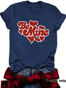 Women's Valentine's Day Be Mine Heart Pattern Printed T-Shirt, Soft Stretch Round Neck Short Sleeve Top, Casual Summer Spring Tee