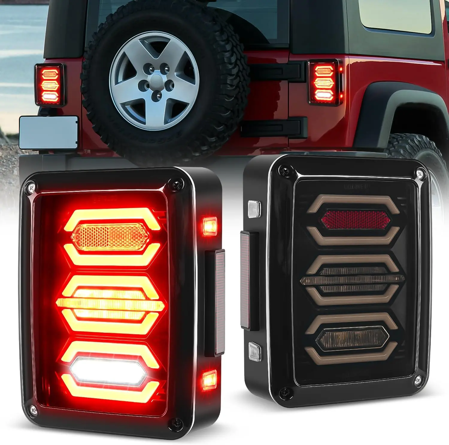 Nilight JK Tail Light LED Red Running Stop Brake Turn Signals Light White Reverse Back Up Light DOT APPROVED Smoked Lens Taillight Compatible with 2007-2018 Wrangler JK JKU, Reverse Backup Light
