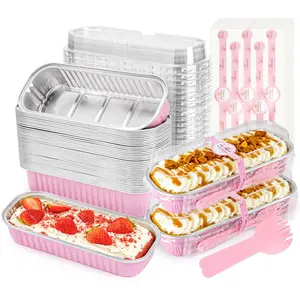 100 Pack 6.8oz Mini Loaf Pans with Lids and Spoons - Disposable Aluminum Foil Rectangular Baking Pans, Non-Stick Mini Cake Bread Containers for Cheesecake Brownie, Oven Safe Home Baking Dessert Storage Party Gift