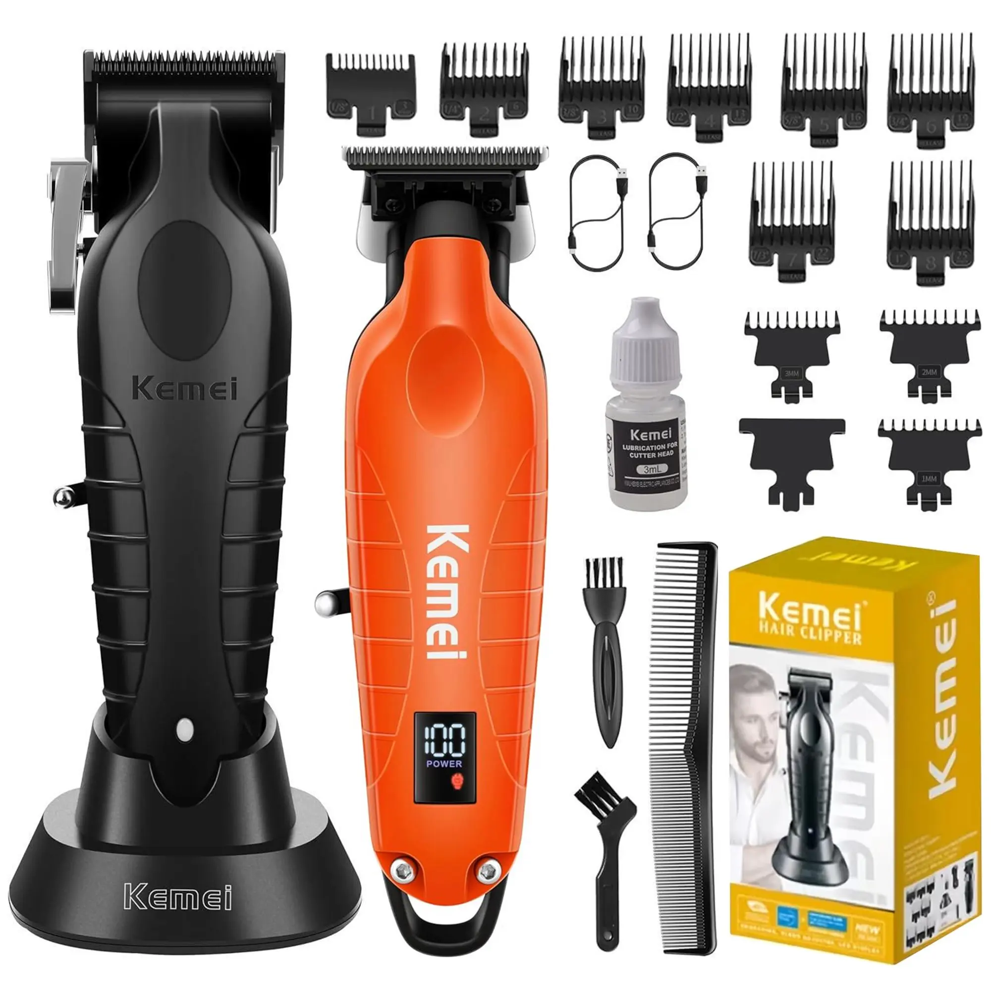 KEMEI 2 IN 1 Clipers Set KEMEI 2296 & KEMEI 2293 Orange Hair Clippers for Men with LED Display Cordless Professional 0-Gapped Hair Trimmer & Barber Cutting Kit for Men, Ideal Gift for Men Beard and Hair Grooming, Orange