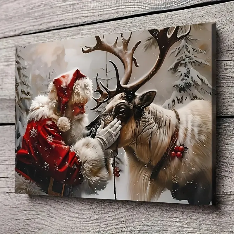 1pc Framed Canvas Art - Santa Claus Petting Reindeer, Festive Holiday Scene with Snowy Pine Trees, Ideal Christmas or Valentine's Day Decor for Living Room, Bedroom, Home Office, Festive Home Decor| Bohemian Style Art| Canvas Print, Christmas Home De