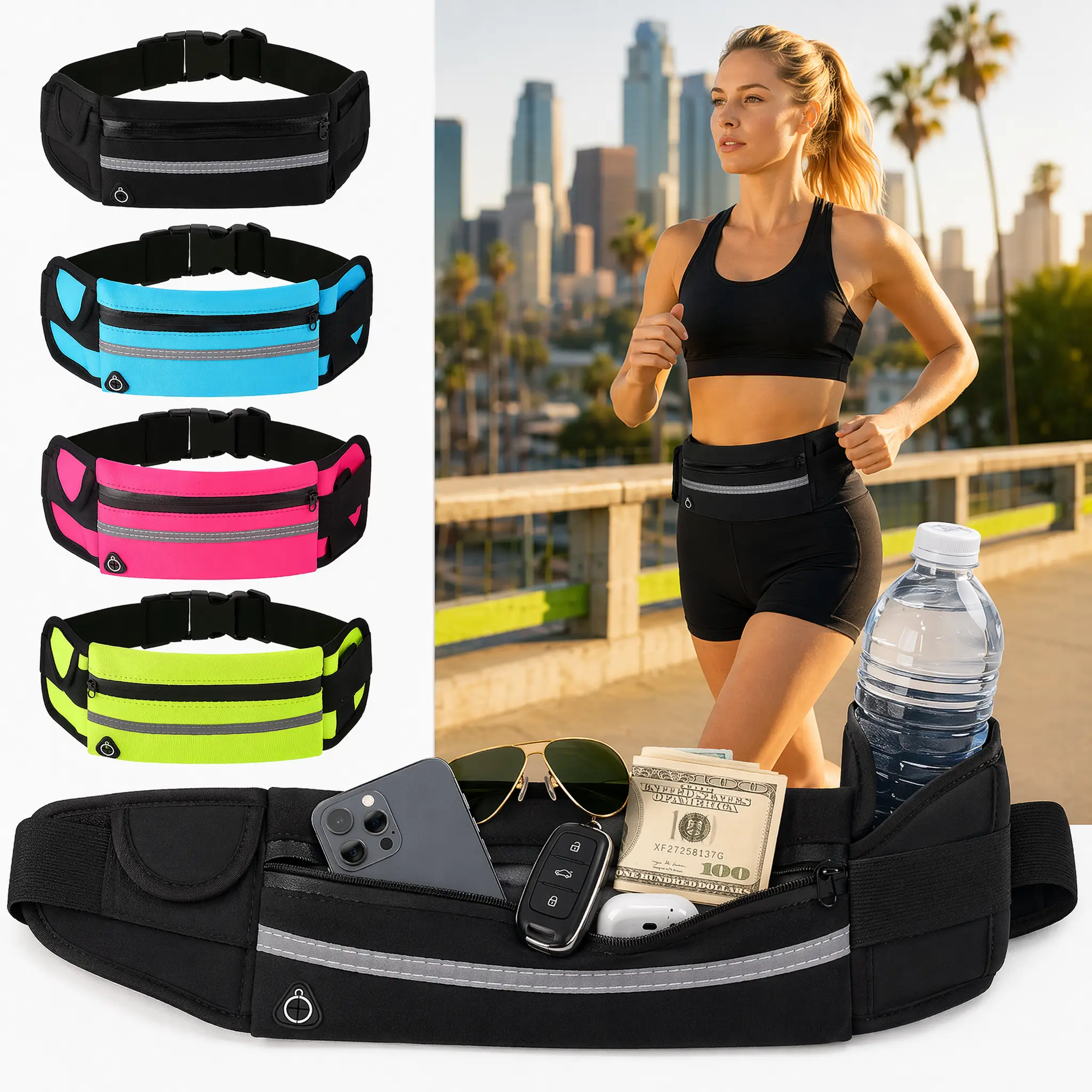 Running Belt for Women and Men - Waterproof Running Fanny Pack with No Bounce Waist Pack, Bottle Holder, Reflective Strip for Running Hiking Cycling & Fitness
