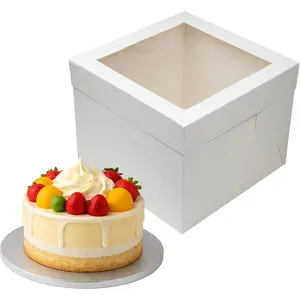 10 Inches White Cake Box with Board Set, 1/2 inch Thick  Cake Drum, Square Bakery Box with Window Lid and Cake Board Combo, Disposable Container for Bakery (10x10x8")