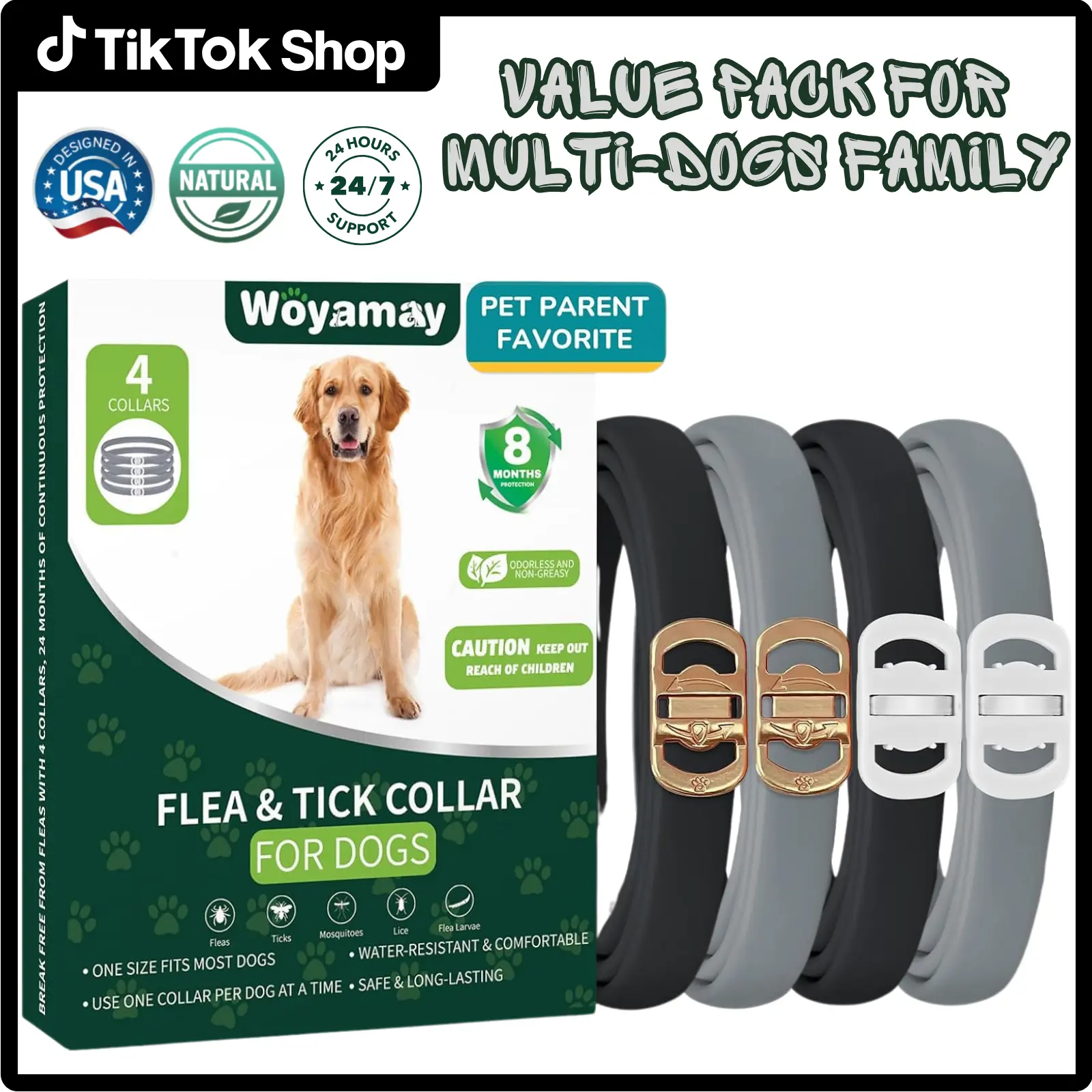 4 Pcs Flea Collars for Dogs , 32 Months Flea & Tick Prevention, Flea, Tick, Larvae Treatment with Natural Essential Oil for Dogs Protection, Waterproof Adjustable Flea and Tick Collar Fits All Sizes Breeds of Dogs, Odorless & Non-Greasy