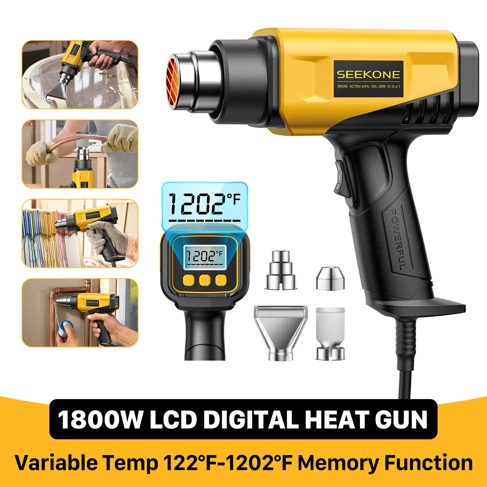 SEEKONE 1800W Portable Heat Gun Power Tool - LCD Digital Display, Compact Design, Variable Temp Control (50℃-650℃/122℉-1202℉), Memory Function, 4 Nozzles for Crafts, Vinyl Wrap
