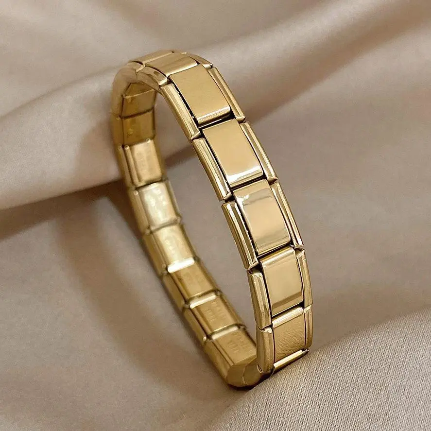JEWEL4U - Italian Charm Starter Stainless Steel Bracelet For Women Men Stretchy Watchband Modular Links Chain Gold Color Bangle Wristband