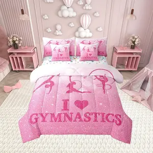 Gymnastics Lovers Bed in a Bag Comforter Set,Gymnast Beauty Silhouette 7 Pieces for Kids Girls,Pink Glittering Print Bedding Set with Comforter,Sheet Set,Pillowcases,Pillow Covers