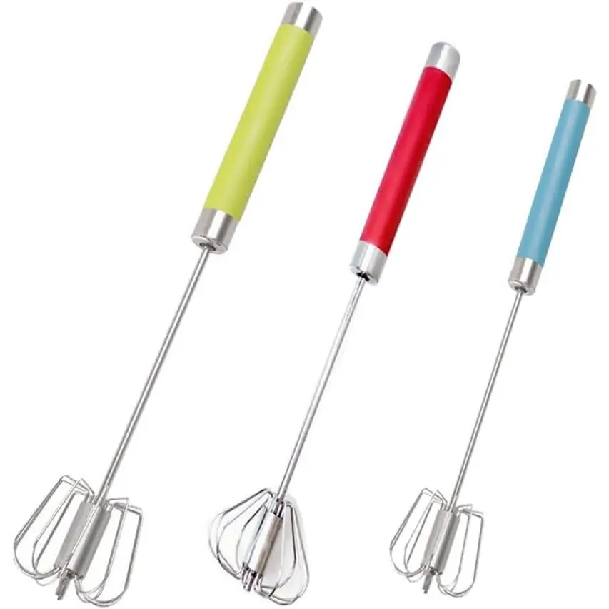 Stainless Steel Semi-automatic Egg Whisk - 3 count Hand Push Rotary Whisk Blender (3 Pack)