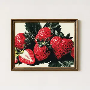 [No Frame] Strawberry Kitchen Print, Retro Fruit Wall Art, Halftone Strawberry Poster, Horizontal Dining Room Decor