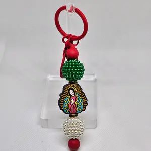 La Virgencita Mexico Bling & Beaded Red Metal Keychain
