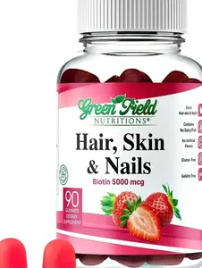 Greenfield Nutritions - Halal Biotin Gummies Vitamin for Hair, Skin and Nails, Supports Fat Metabolism, Hair Growth, Strong Nails & Clear Skin, Gelatin Free, Non-GMO, and Gluten Free - 90 Gummies