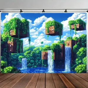 Pixel Art Tapestry Gaming Backdrop Block World Theme Wall Hanging Photography Background Fantasy Decor for Living Room Bedroom Indoor Outdoor Party Decoration Event