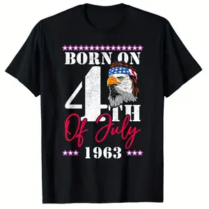 Patriotic Eagle Born April 7, 1963 T-Shirt, 100% Cotton 200g, Black Crew Neck, Sizes S-XXXXL, American Independence Day Theme, Fun Print, Breathable Comfort, Holiday Gift, Perfect for Daily Casual Wear Graphic Tees Fun Shirts Comfort Wear Classic Cotton
