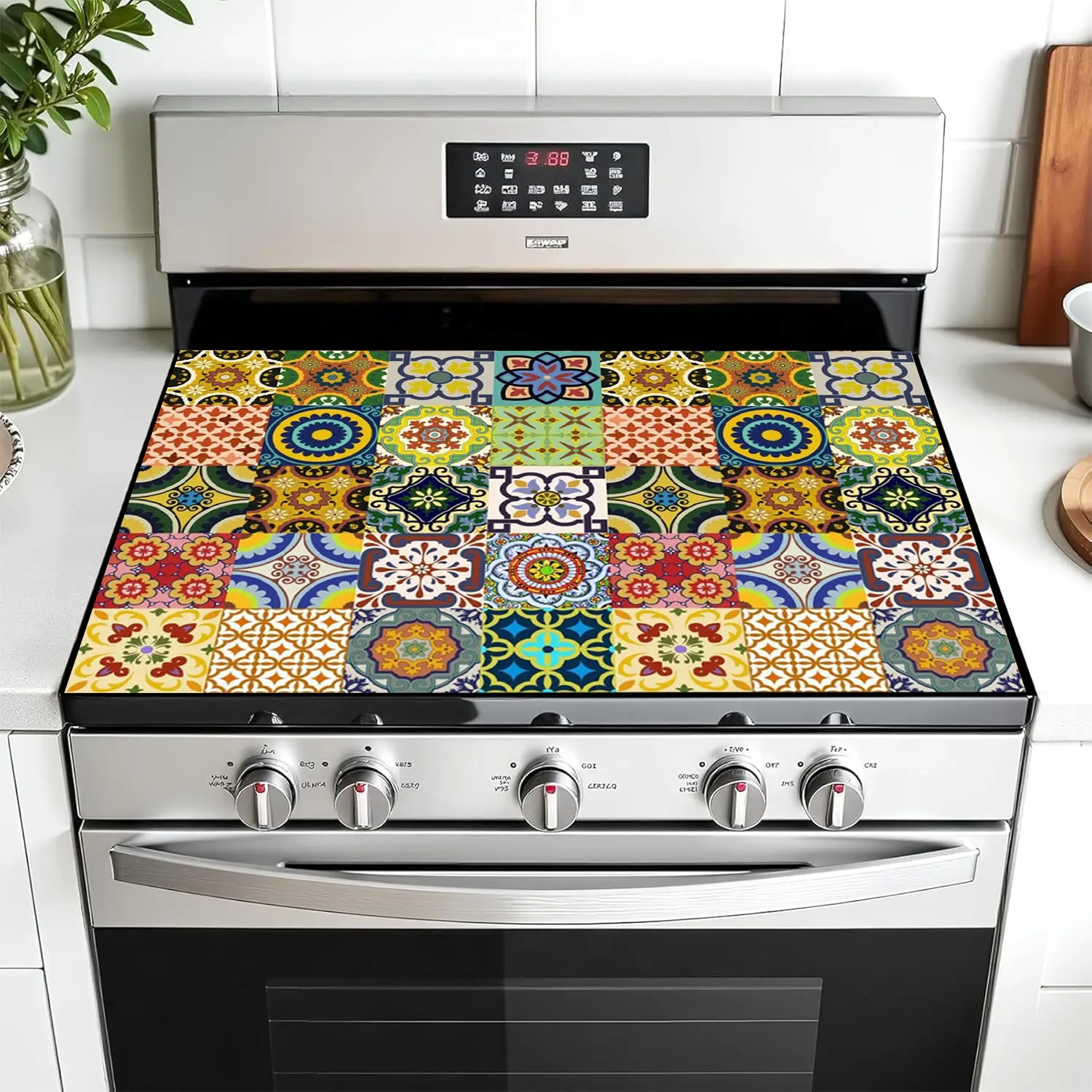Bohemian Floral Design Non-Slip Rubber Grill Mat, Stove Panel Protector, Kitchen Decoration, Kitchen Decorative Placemat, Easy Clean, Multi-Purpose Stove Cover, Home