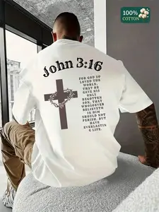 Unisex John Bible Verse Cross Print Short Sleeve T-Shirt, American Vintage Religious Style, Cotton Loose Fit, Summer Casual Wear
