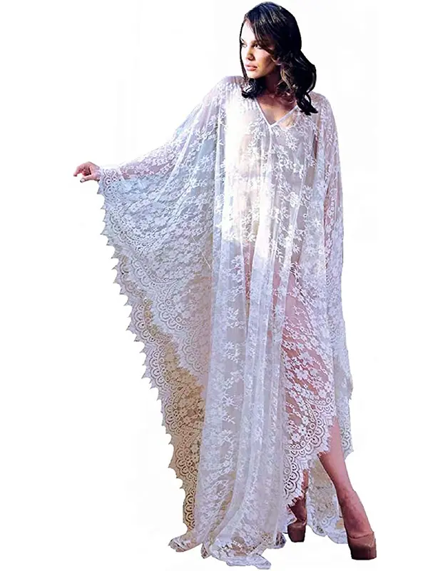 Women Plus Size White Lace Kaftan Cover Up, Boho Sheer Long Sleeve Beach Dress, Summer Swimsuit Coverup Bathing Suit Kimono Robe