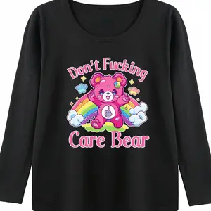 Funny and Satirical T-Shirt, Women Don't Care, Pink Rainbow Bear, Middle Finger, Dark Humor, Alternative and Avant-Garde, Loose and Comfortable Top, Prank Gift.