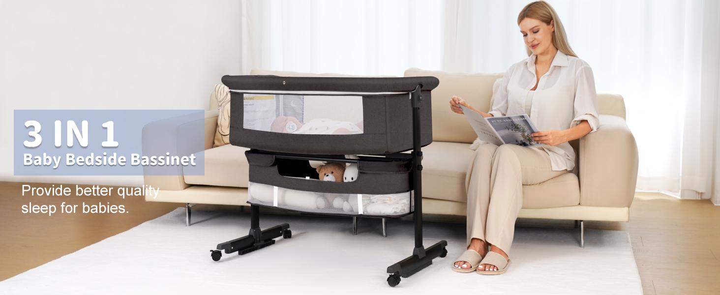 Baby Bassinet, Baby Basinet Bedside Sleeper, Easy to Fold Portable Crib Side Bassinet 2025new Style Girl/boy bassinets Height Adjustable Versatile