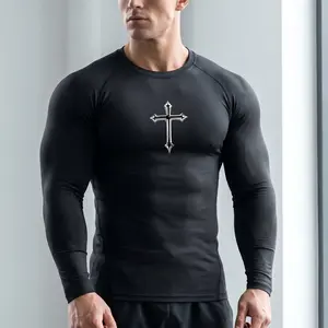 Aesthetic Gothic Cross Muscle Fit Compression Shirt | Trendy Men's Long Sleeve Gym Top for Streetwear & Bodybuilding | High Performance Quick Dry Athletic Tshirt for Fitness Enthusiasts Y2K Grunge Style Workout Gear Breathable Stretchy Fabric