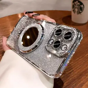 Silver Color Gradient Glitter Diamond Smartphone Case, Electroplated Anti-Drop Shockproof Protective Soft Shell with Makeup Mirror, Full Lens Protection for iPhone