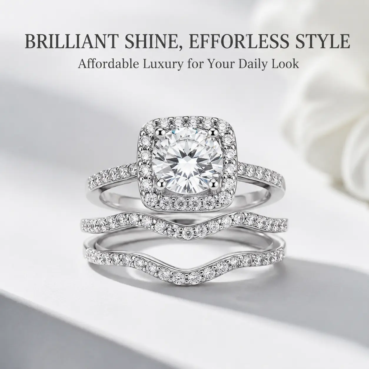 Stackable Diamond Ring Set  Luxury Cushion Halo Design | 3-Piece Interlocking Stacking Rings for Everyday Wear & Date Nights | Elegant Sparkling Fashion Jewelry, Effortless Shine