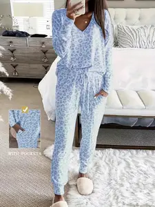 Women's Leopard Print Long Sleeve Top & Elastic Waist Butterfly Sleeves Pants Set, Soft Knit Casual Home Sleepwear Pajama, All Seasons