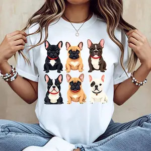 French Bulldog Cartoon Print T Shirt Women Casual Loose Fit Short Sleeve Top Summer Fashion Trendy Animal Design Comfortable Cotton Tee