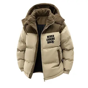 Men'S Casual Hooded Alternative Jacket with "NEVER LOOKING BACK" Print - Lightweight Polyester Outerwear, Regular Fit, Pockets for Outdoor & Casual Attire, Backpacking Gear | Hooded Jacket | Polyester Fiber Jacket Menswear Coats Long Sleeve Zipper Beige
