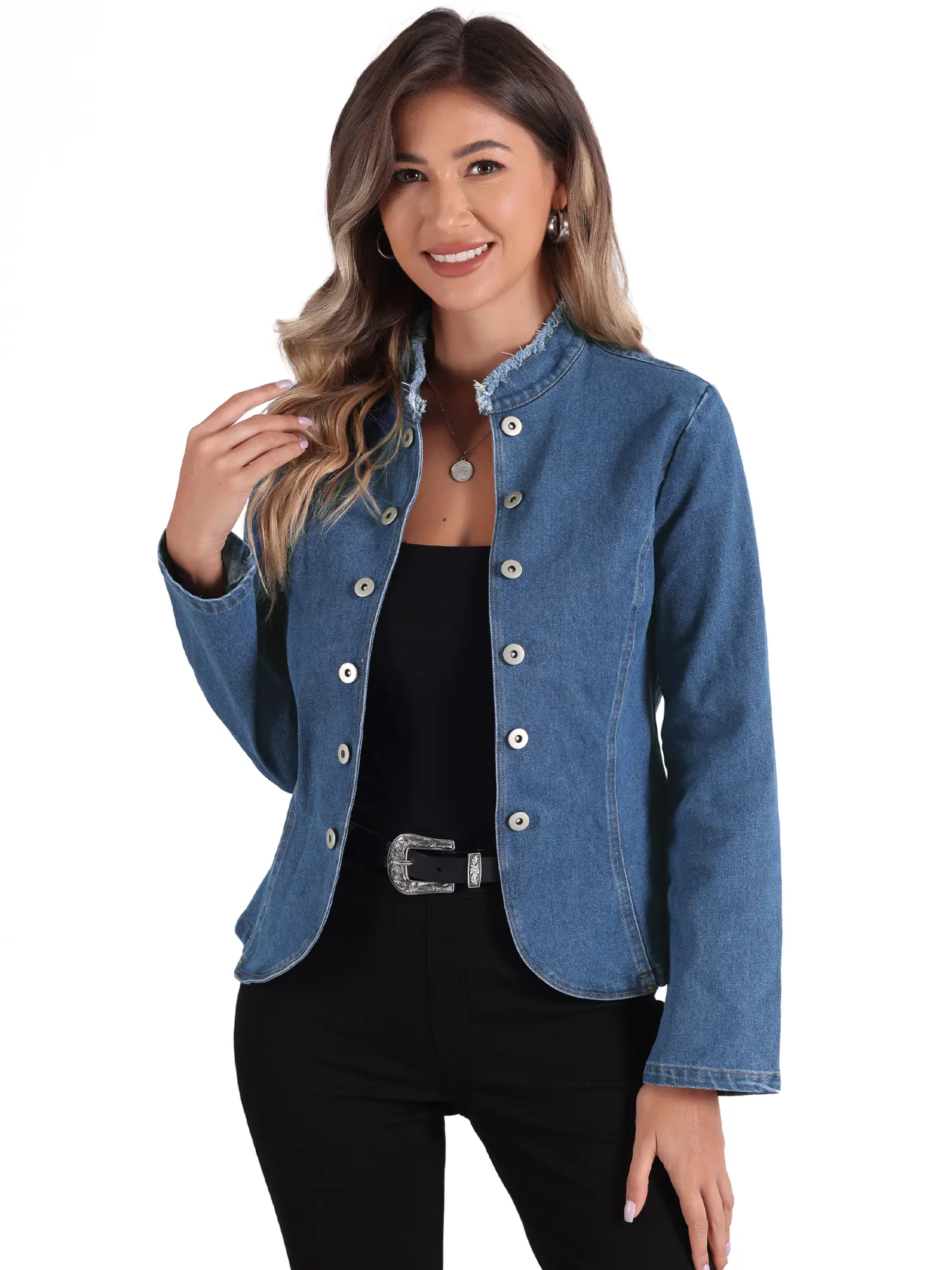 INSPIRE CHIC Denim Blazer Women's Open Front Stand Collar Jeans Jacket