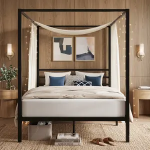 Black Canopy Bed Frame 4 Post Metal Platform Bed, Full Queen King Twin, Sturdy Slat Support, No Box Spring Needed, Noise-Free Design, Easy Assembly for Bedroom Home Decor
