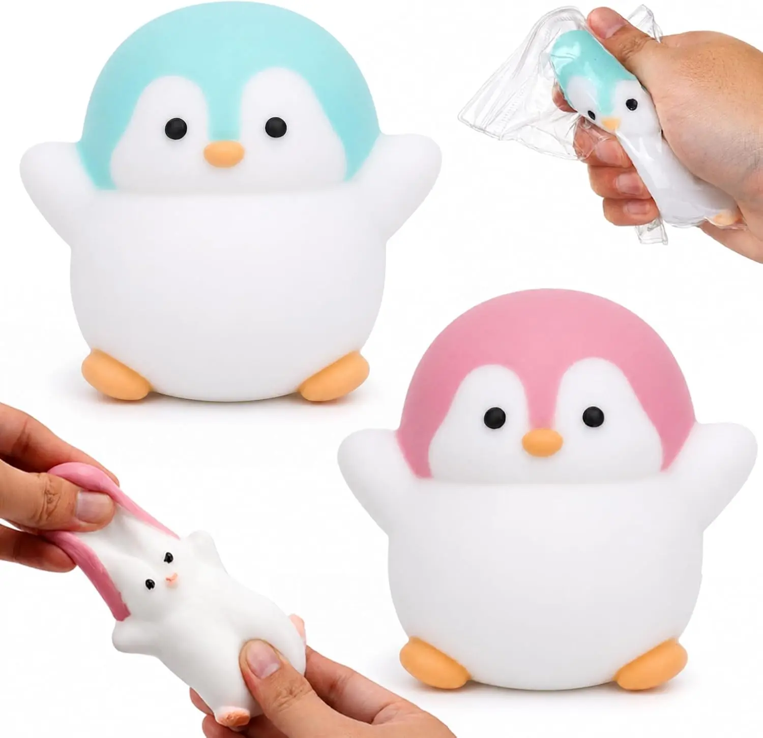 2PCS Penguin Squishy Fidget Toys, Blue & Pink Soft Slow Rising Stress Relief Squeeze Toys for Kids & Adults, Cute Sensory Anxiety Relief Toy, Small Decompression Squishies, Party Favor & Birthday Gift
