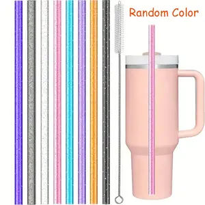 8pcs Reusable Glitter Hard Plastic Straws, Durable Unbreakable 12 Inches, with Cleaning Brush, for Bar/commercial Use, Stanley Compatible