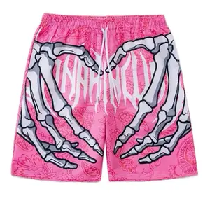 Men's Skeleton Hands Letters Graffiti Print Shorts With Drawstrings, Casual Trendy Beach Shorts For Summer Outdoors Menswear Polyester