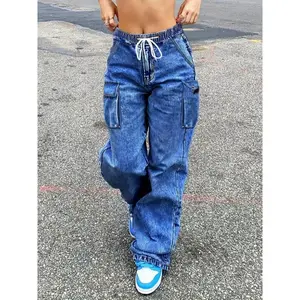 Trendy Mid Rise Cargo Jeans - Elastic Waist, Stretchy Wide Leg Denim Pants with Multiple Pockets, Baggy Streetwear Style, Y2k Inspired Fashion, Comfortable and Versatile for Daily Wear