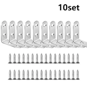 10 Sets Stainless Steel 90 Degree Corner Brackets with Screws, Cabinet Angle Support Connectors, Furniture Hardware Accessories