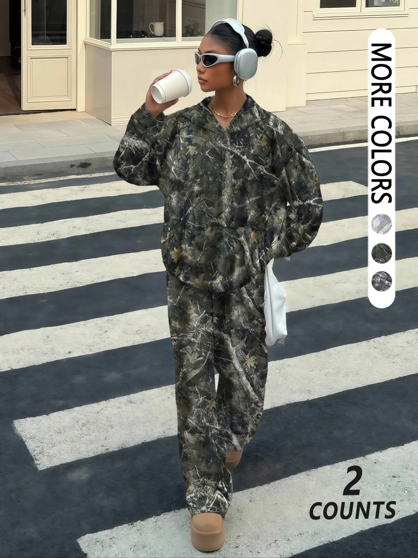 Women's Camo Hoodie and Pants Set, Casual Fall Winter, Long Sleeve Sweatshirt, Elastic Waist Wide Leg Pants, All Seasons Wear