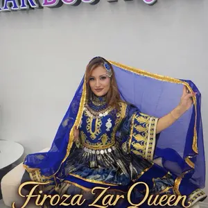 Firoza Zar Queen Blue Embroidered Dress with Gold Accents and Matching Veil for Traditional Wear