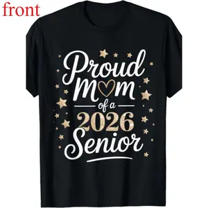 Men'S  2026 Proud Mom of a Senior Graduate T-Shirt - Class of 2026 Golden Lettering & Stars Design, Loose Fit Round Neck Short Sleeve Casual Comfortable Graduation Gift for Moms, All-Season Wear (Black) - Ideal for Senior Year Celebrations