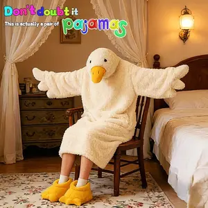 Warm Fleece Duck Onesie Pajama Set, Cute Cosplay Costume with Robe & Duck Foot Shoes, Perfect for Parties and Fun