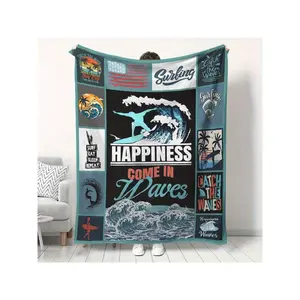 Cozy Surf-Themed Flannel Blanket With "Happiness Come In Waves" Design - Warm & Plush, Perfect For Beach Lovers, Ideal Holiday Gift For Family & Friends, Beach Theme-30*40in