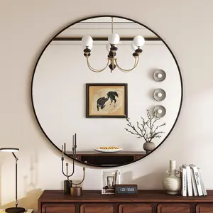 Black Round Mirror, 24 Inch Bathroom Mirror with Metal Frame, Wall Wall-Mounted for Entryway, Bathroom, Vanity, Living Room