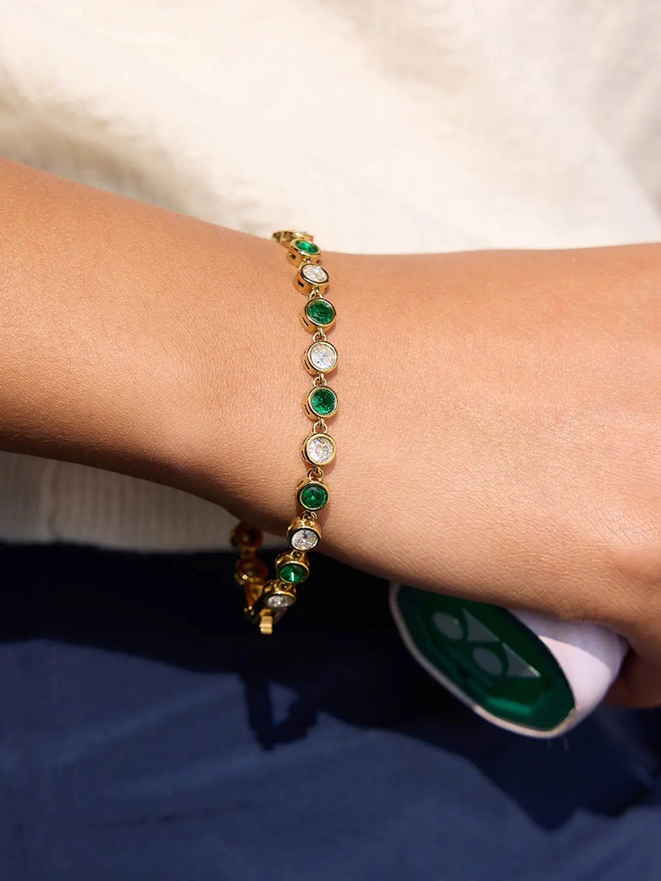 The Women's Bracelet Set, Beautiful Bracelets, Stackable Bracelet Green Zircon Chain Tennis Chain Stainless Steel 18k Gold Plated Waterproof And Anti Allergy Sporty And Casual Style Jewelry Bracelet Suitable For Energetic Girls Fashion Bracelets
