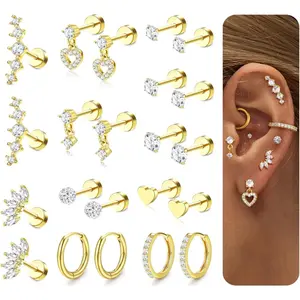 FIASASO Women's 20G Surgical Steel Hypoallergenic Earring Stacking Set, Stackable Stud & Flat Back Gold Earrings for Cartilage Daith Conch Piercings