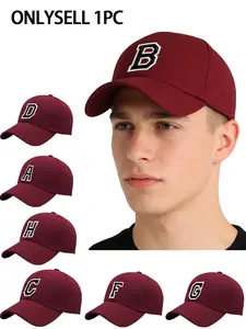 Wine Red Baseball Cap with 26-Letter Embroidery, Unisex for Men Women Students Couples, Curved Brim Sports Hat, Korean Style Versatile Peaked Cap